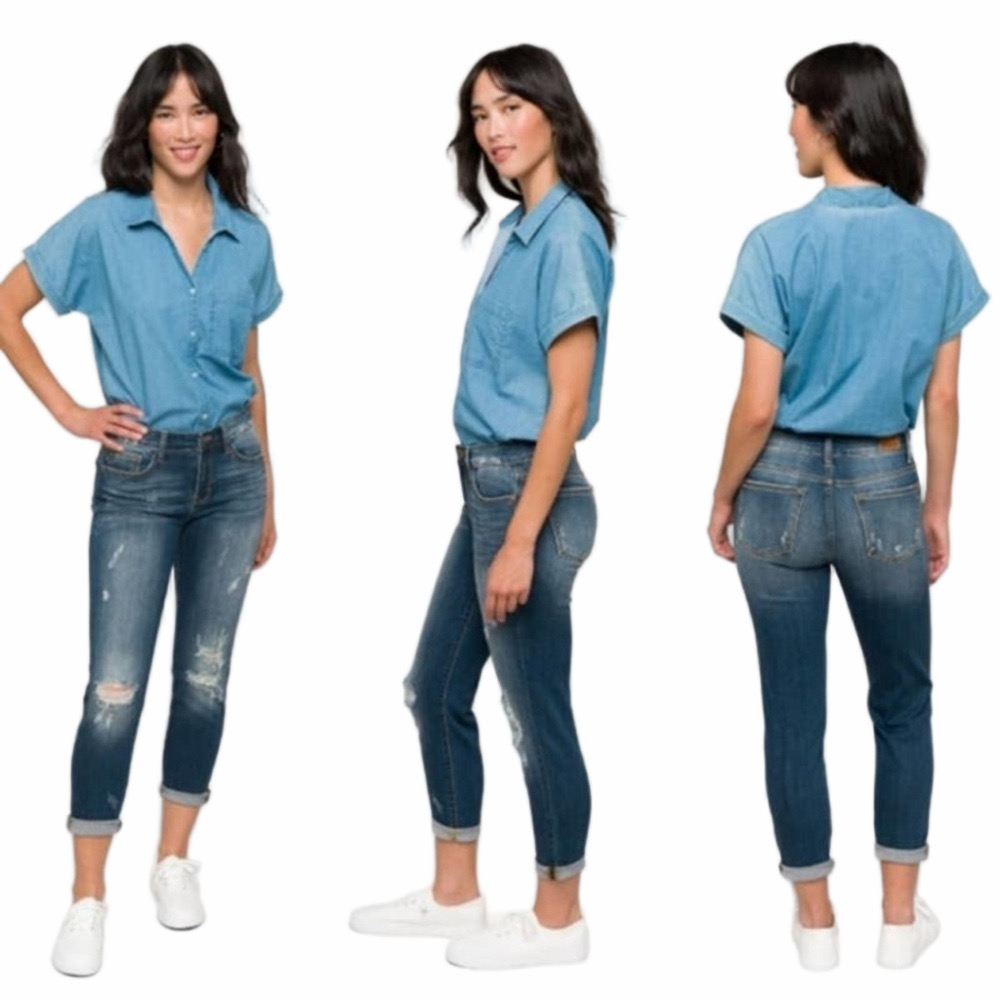Judy Blue Adelene Mid Rise Girlfriend Distressed Jeans Size 5/27 JB8271DK